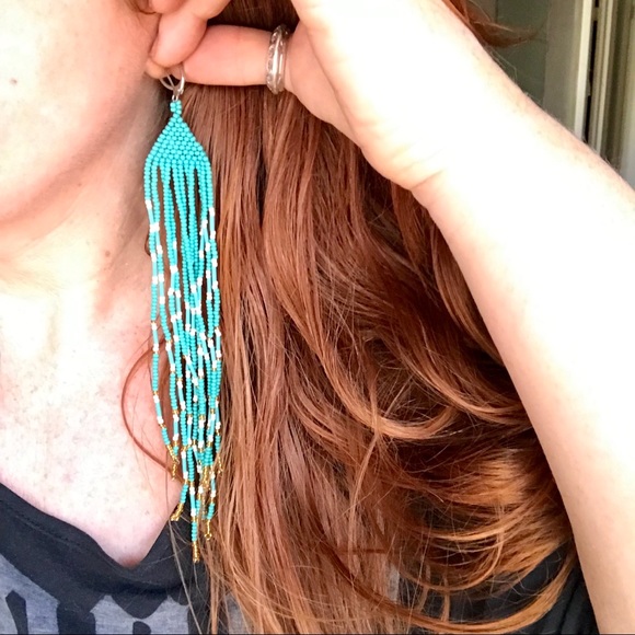 Handmade Turquoise Beaded Boho Long Earrings - Picture 6 of 6